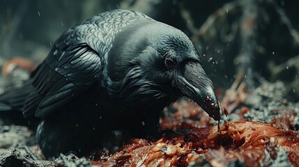 Naklejka premium A raven feasting on the carcass of a fallen deer in the heart of a dense forest