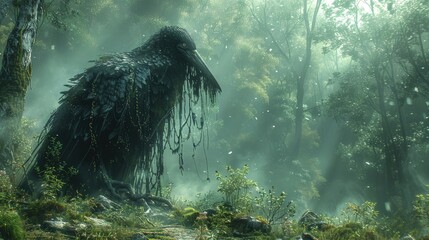 Naklejka premium A mythical giant crow, with feathers as dark as night and eyes that glow with an otherworldly light