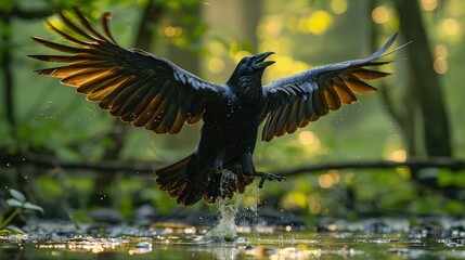 Naklejka premium The crow wings spread as they landed in a puddle of water in the forest.