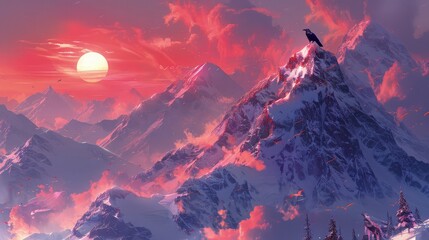 Obraz premium A raven perched atop a towering mountain peak, its majestic form silhouetted against the fiery glow of a setting sun.