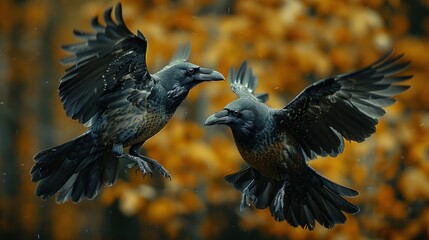 Obraz premium A pair of ravens engaged in a playful mid-air chase, their wings outstretched as they dart through the dense forest canopy.