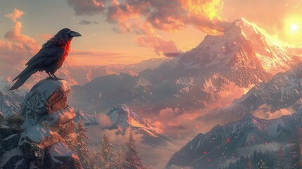 A raven perched atop a towering mountain peak, its majestic form silhouetted against the fiery glow of a setting sun.