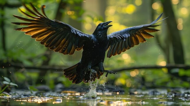 The crow wings spread as they landed in a puddle of water in the forest.