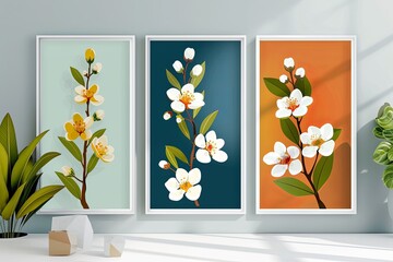 Vertical Botanical Illustration: Chic Decor with Vibrant Spring Blossoms for Modern Homes
