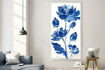 Contemporary Elegance: Navy Blue Floral Artistic Wall Art - Botanical Illustration Decor