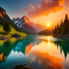  a serene sunset over a tranquil lake, with vibrant hues reflecting off the water, invoking a sense of calm and tranquility."