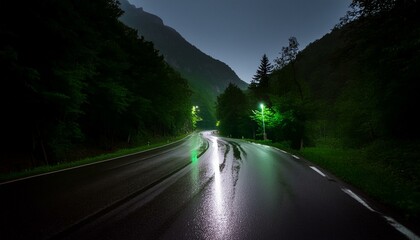 Fototapeta premium Wet asphalt at night; dark green road in the mountains