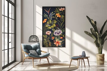 Contemporary Botanical Vertical Illustration: Navy Florals for Modern Homes