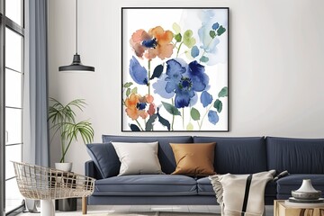 Blue Spring Floral Watercolor Art: Contemporary Navy Poster