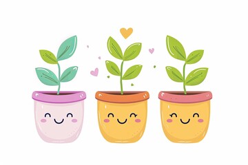 Cute Kawaii Vector Plant in Pot: Art Meets Nature, White Background with Vibrant Garden Growth