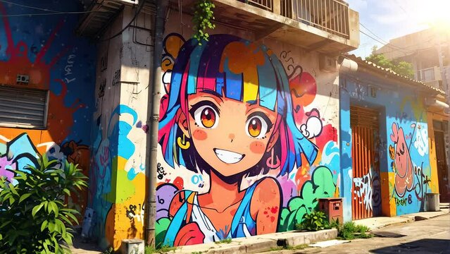 Intriguing 4K looping video showcasing the artistic portrayal of a child's face in graffiti on an urban street wall.