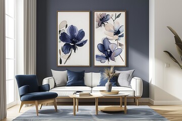 Vertical Botanical Illustration: Elegant Navy Blue Floral Decor for Modern Homes