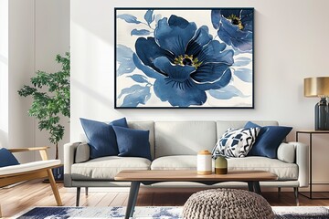 Floral Navy Blue Botanical Print Living Room Wall Art - Boho Style Indigo Decor