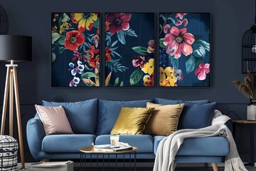 Navy Blue Decor: Botanical Boho Floral Wall Art with Abstract Indigo Print