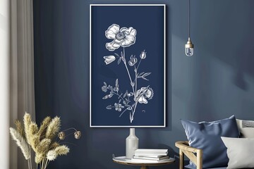 Navy Blue Botanical Chic: Floral Print Indigo Living Room Wall Art