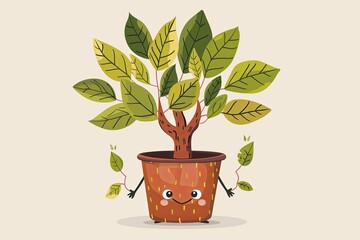 Glossy Leaves and Endearing Tree Pot Vector: Whimsical Grow Bud Concept in Garden Foliage