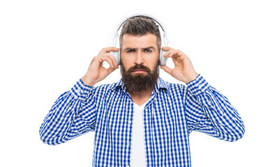 Millennial hipster man listen to music in headphones. Music concept. Generation z lifestyle. Man...