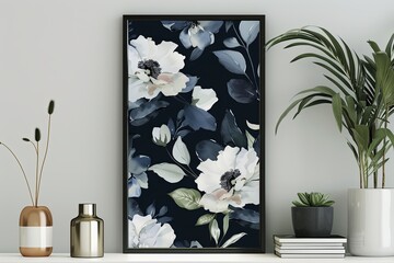 Abstract Botanical Printable Home Decor - Stylish Navy Floral Poster for Contemporary Living Spaces