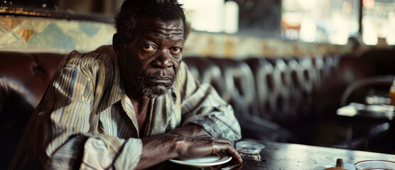 A homeless black man in dirty clothes sits in an elite restaurant and orders food.