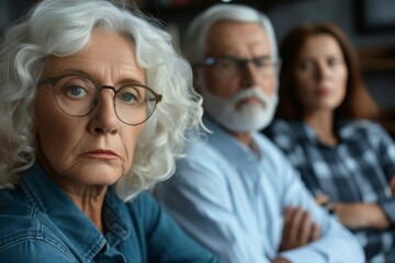 Portrait of sad senior woman in eyeglasses looking at camera with her family on background