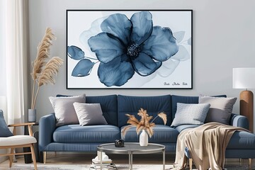 Boho Style Indigo Floral Living Room Poster Print - Muted Color Botanical Painting