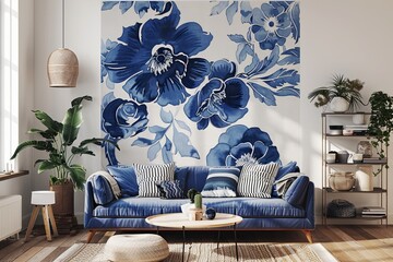 Boho Style Indigo Flower Poster Print - Blue and White Floral Wallpaper for Living Room