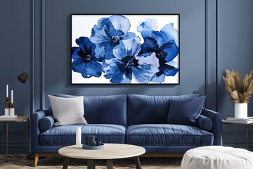 Navy Blue Floral Botanical Boho Style Wall Art for Living Room - Spring Watercolor Print