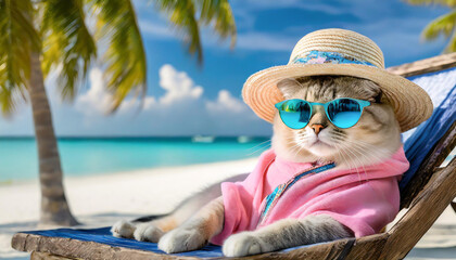 南国のビーチで休暇を取る猫