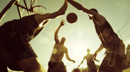 A group of individuals engaging in a intense game of basketball sweating and working hard without the crutch of alcohol. - Powered by Adobe