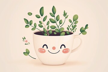 Kawaii Style Plant Pot with Lush Leaves Vector - Floral and Tree Growth Cup of Nature