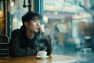 Amidst the soft ambiance of a cozy café, a young man sits alone at a corner table, cradling a steaming cup of coffee between his hands. The gentle murmur of chatter and the clinking of cups provide a 