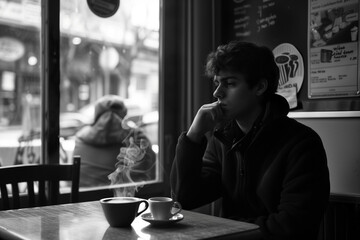 Amidst the soft ambiance of a cozy café, a young man sits alone at a corner table, cradling a steaming cup of coffee between his hands. The gentle murmur of chatter and the clinking of cups provide a 