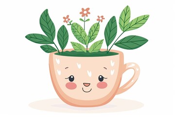 Kawaii Plant Pot Character with Lush Leaves Vector Illustration