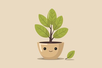 Vector Art: Glossy Leaves and Endearing Tree Pot - Whimsical Garden Grow Concept