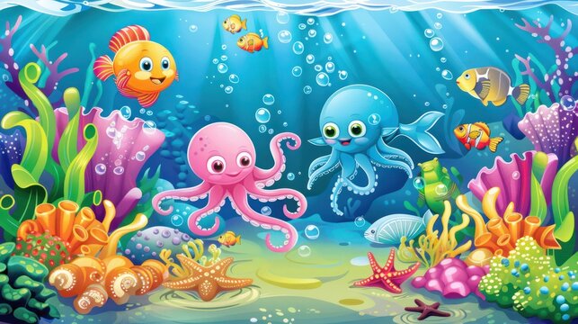 Cartoon illustration of cute octopus and fish underwater life