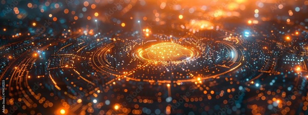 Poster quantum processors optimizing energy grids - futuristic city network with glowing energy lines