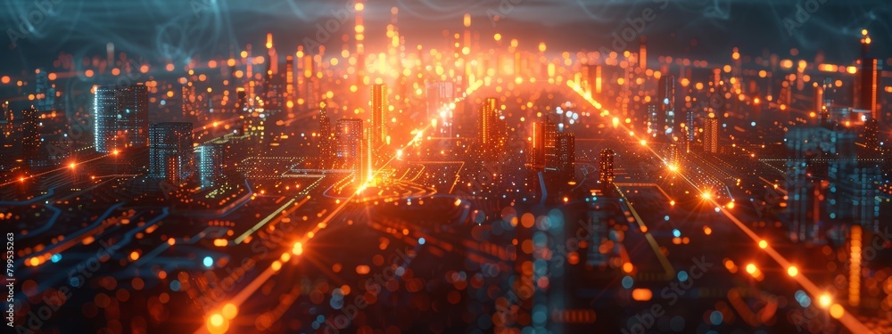 Poster quantum processors optimizing energy grids - futuristic city network with glowing energy lines