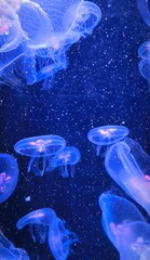 Close-up of jellyfish floating translucent blue light purple color background plankton