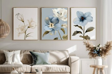 Beautiful Blue Bloom Poster Art for Serene Interior Design: Muted Color Botanical Paintings