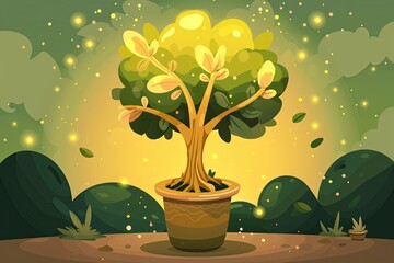 Whimsical Tree Character in Pot Vector with Shimmering Highlights - Nature Grow Illustration