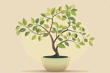 Fototapeta premium Glossy Leaves and Endearing Tree Pot Vector: Forest Arboreal Growth