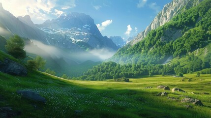 2d illustration of an amazing beautiful green mountain