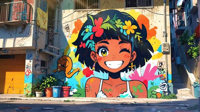 Captivating 4K looping video presenting street art featuring a child's face graffiti on a vibrant city wall.