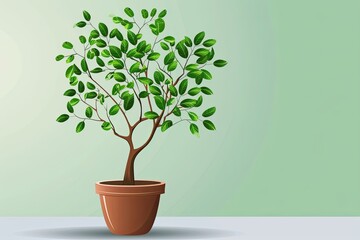 Growth Concept: Anthropomorphic Tree Pot with Verdant Leaves Vector Illustration