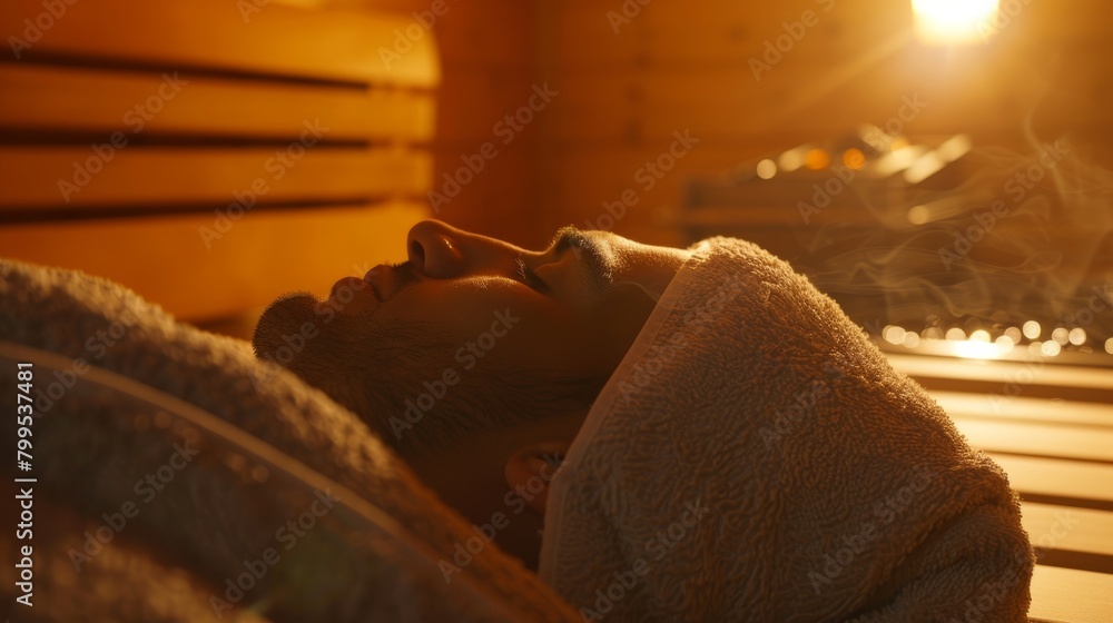 Poster a person laying on a towel in the sauna sweating out toxins and improving circulation..