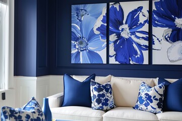 Artistic Navy Blue Floral Wall Decor: Dynamic Interiors with White Floral Backgrounds