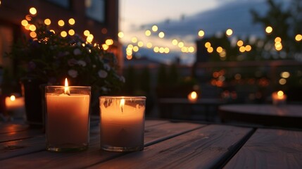 As the night wears on the candles continue to burn bright casting a warm and inviting atmosphere over the rooftop party. 2d flat cartoon.
