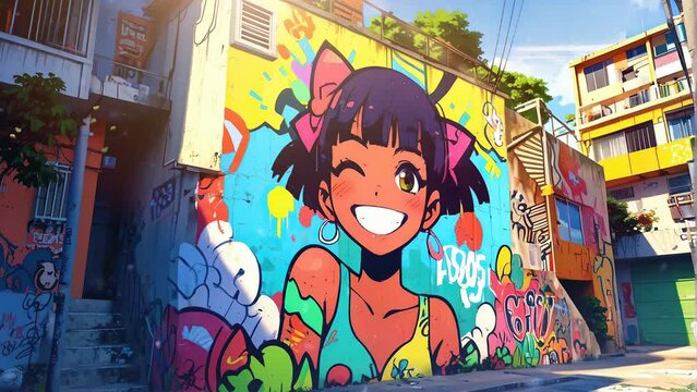 Mesmerizing 4K looping video offering a close-up view of graffiti portraying a child's face on a urban wall.