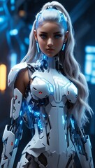 Cyborg lady in white sci fi suit