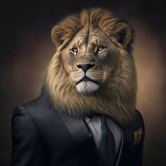 A lion in black suit and tie